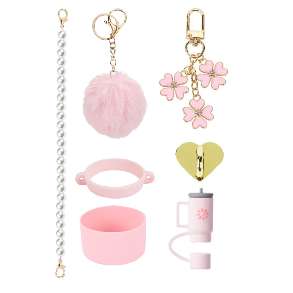 7pcs taza Stanley cuerda de mano colgante de silicona flor tapa de pajita bola de felpa colgante de copa cadena de taza de color