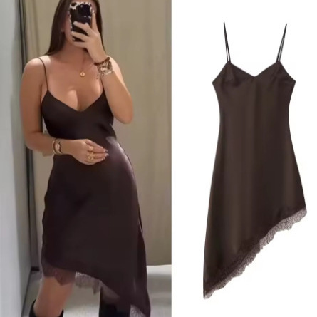 Cross-Border European and American Clothing Aliexpress Hot Style Autumn New Sexy Lace Detail Silk Satin Texture Suspender Dress