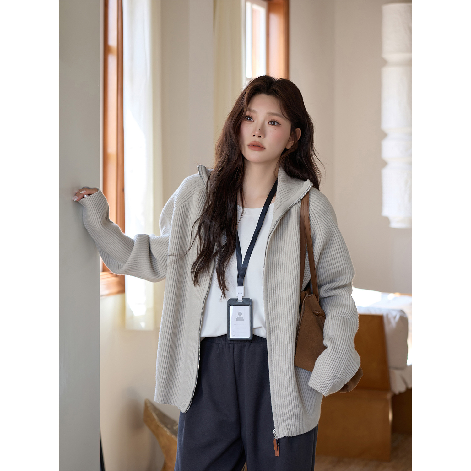 大码女装小众百搭法式优雅立领双头拉链毛衣秋季休闲时尚韩版外套