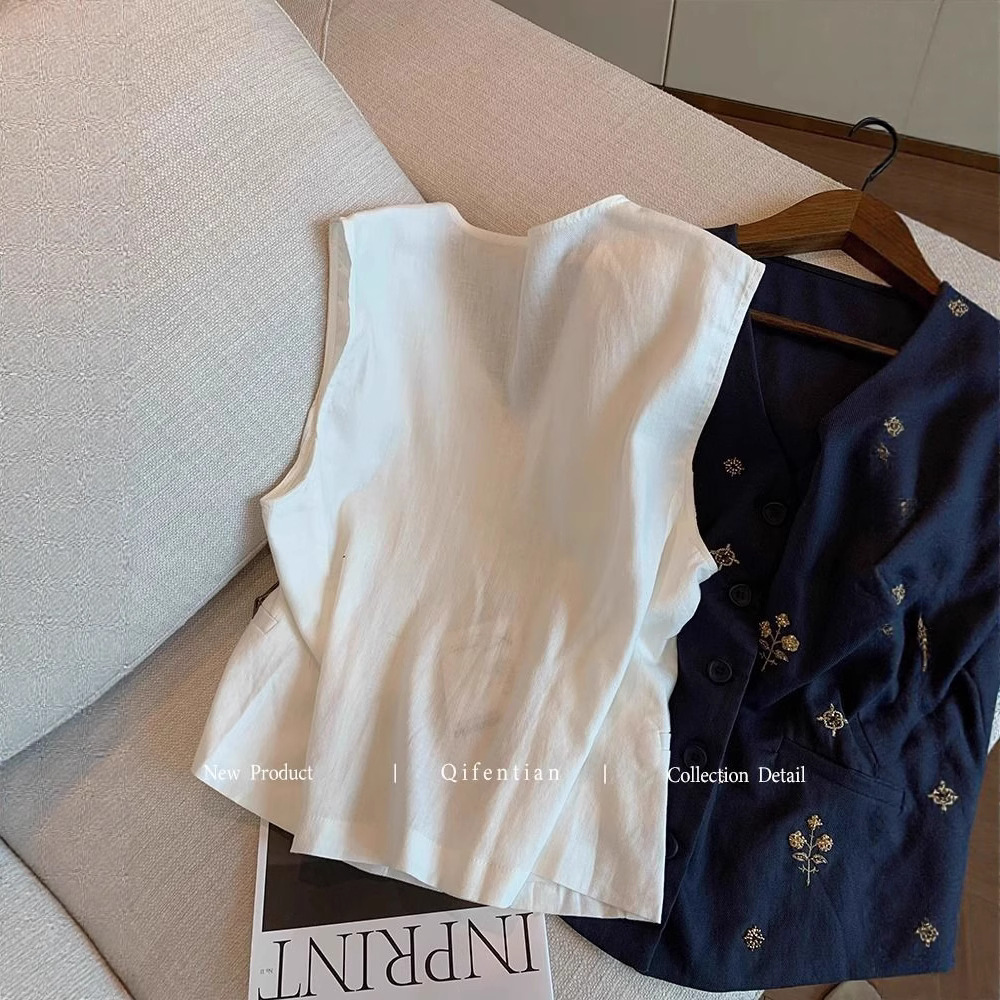 Top sin mangas bordado estilo Old Money para mujer, verano 2025, elegancia de alta gama, corte holgado, versátil, cuello en V, chaleco de moda._voghion.com