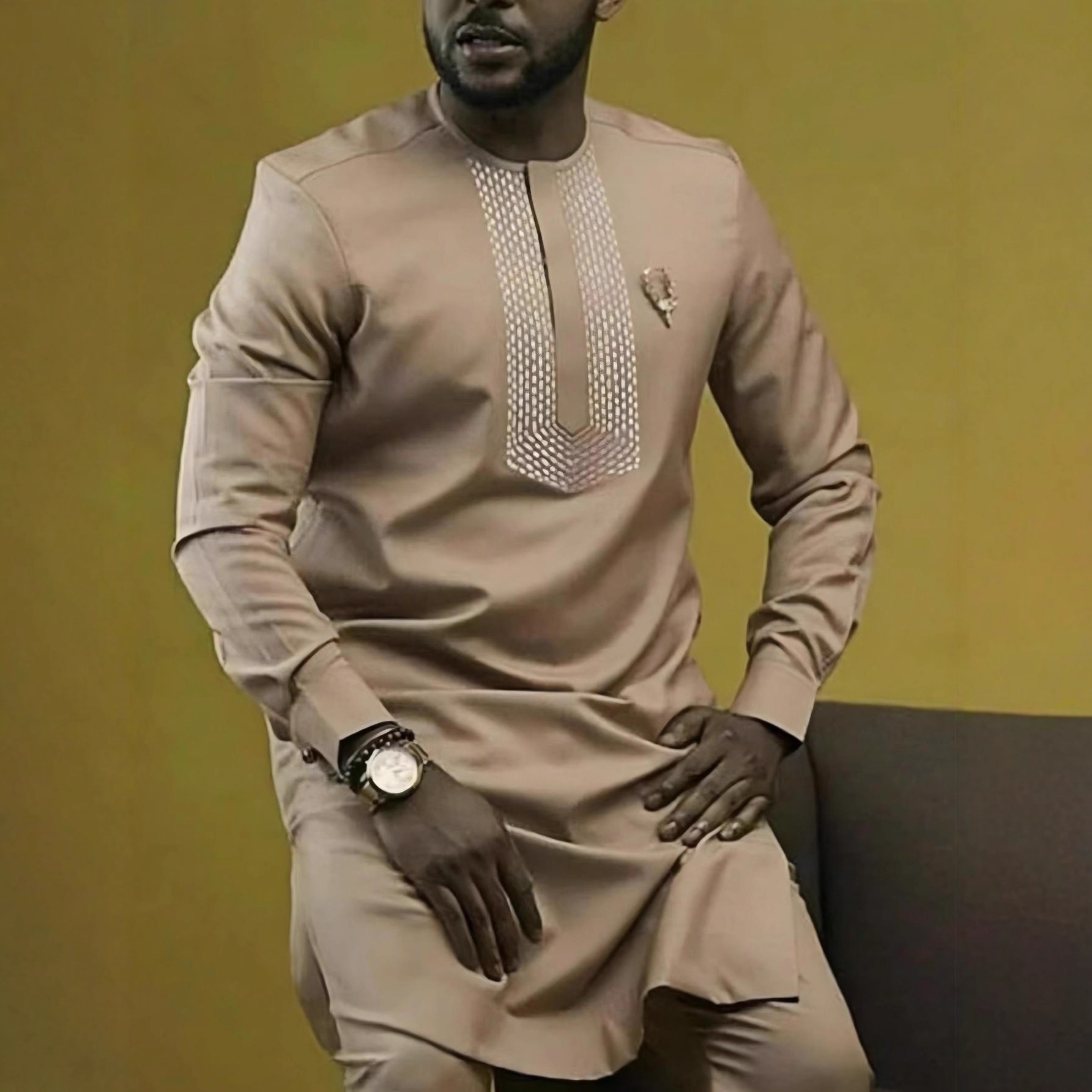 Traje de boda tradicional africano para hombre, conjunto de 2 piezas, cuello redondo, manga larga, top y pantalones, comercio exterior