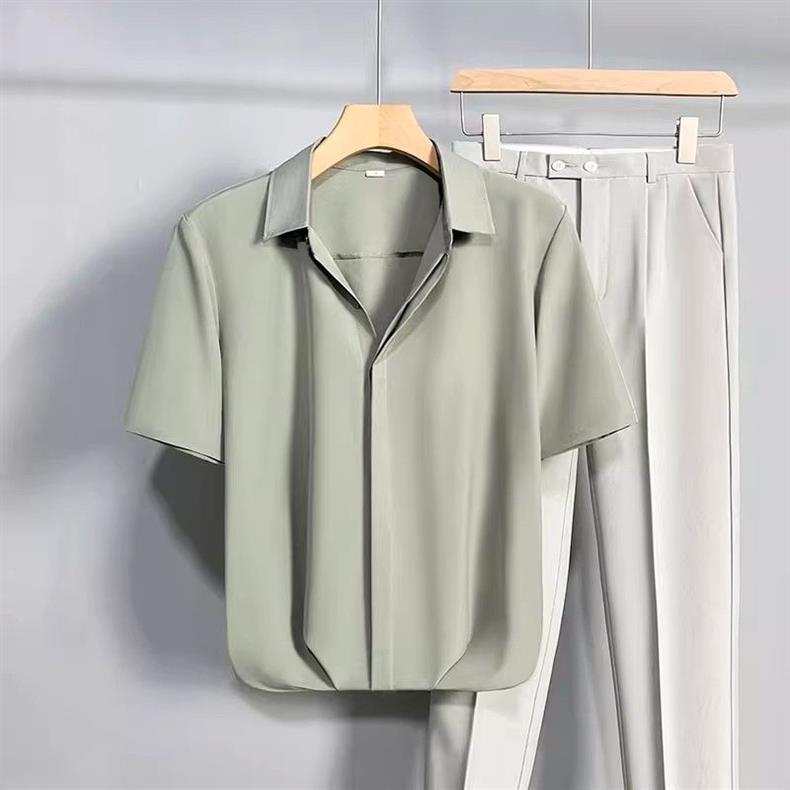 Men's Clothing High Grade Drape Ice Silk Shirt Men's Spring And Autumn Long Sleeved Casual Solid Color Shirt Light Mature Style_viptrois.com