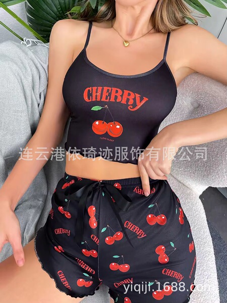 欧美跨境家居服蕾丝吊带短裤套装舒适弹力居家休闲可外穿睡衣女