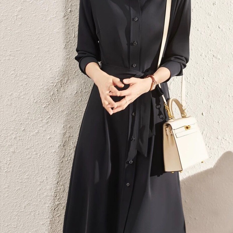 Early Autumn Plus Size Dress New Style Waist Black Mid-Length Slim Long-Sleeved Lace-Up Shirt Skirt