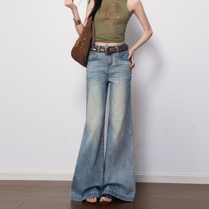 Light Blue Washed Stretch Mid-Low Waist Jeans for Women, 2026 Spring New Style, Slimming, Textured, Non-Tight Flared Pants