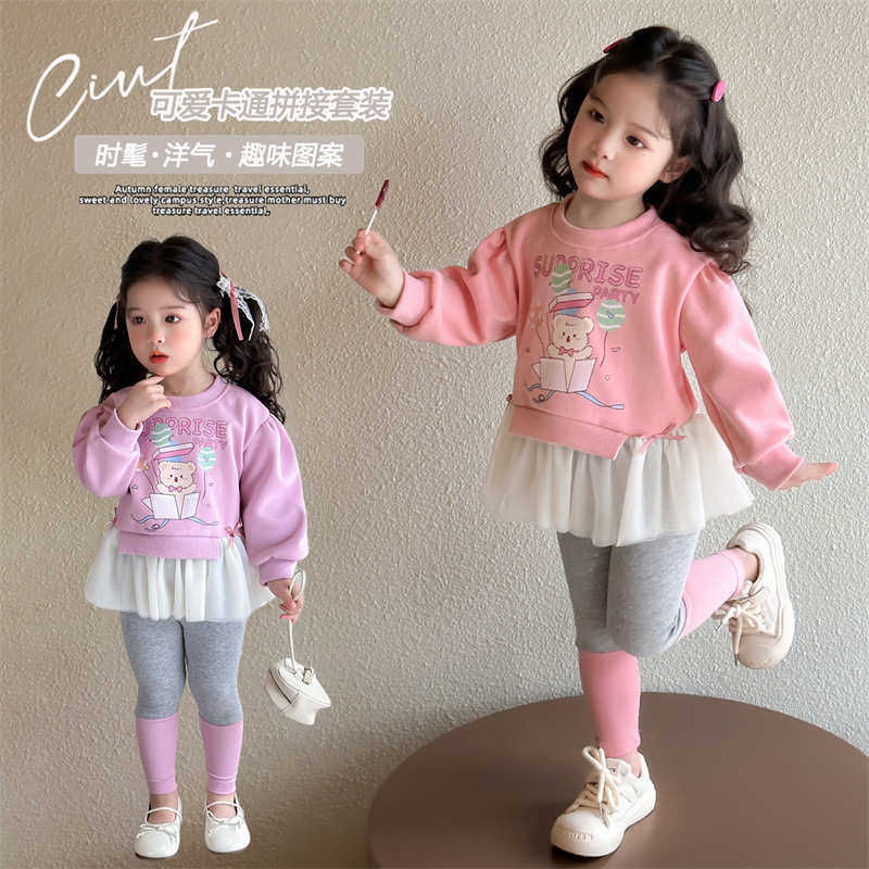 Conjunto de dos piezas para niñas sudadera y leggings falda – estilo casual primavera 2025.