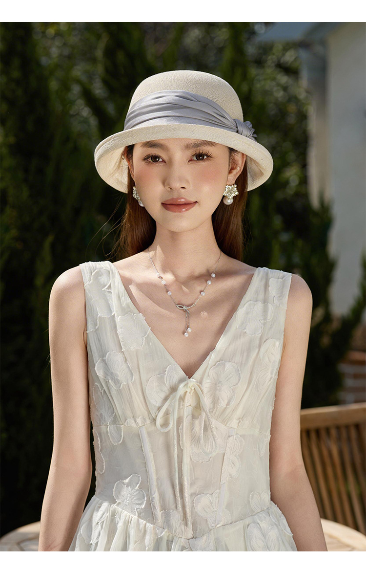 Mũ rộng vành nữ chống nắng họa tiết nơ bướm, chất liệu lụa phối sợi gai, vành cuộn nhẹ — màu be chi tiết 6