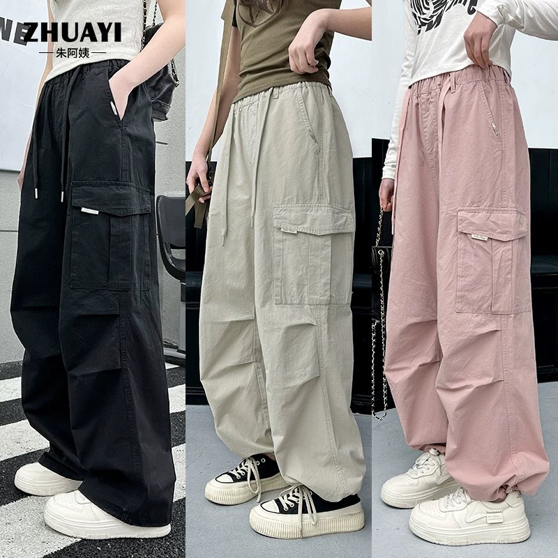 Girls' cargo pants, summer thin style, 2026 new style, wide-leg pants for older children, spring and autumn casual long pants.