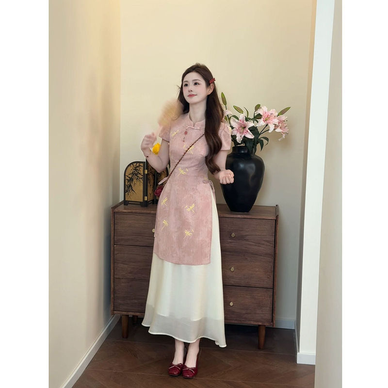 2025年見事な夏服新しい中国風の婦人服中国風ピンクボタン偽ツーピースチャイナドレス女性の夏|undefined