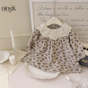 Lime Girl's Mori Floral dress Autumn New Children's Stylized Lace Collar Doll Baby's Cotton Long Dress