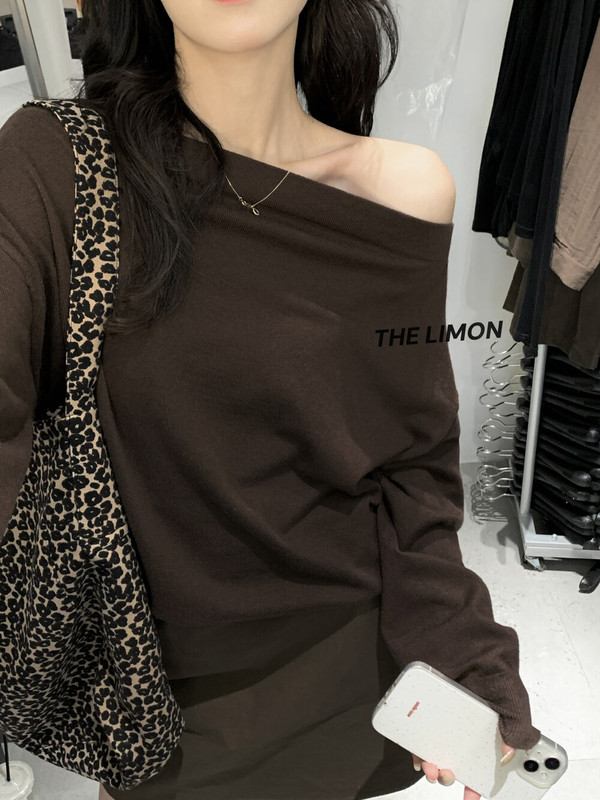 THE LIMON柠檬绿茶秋季女韩系设计感条纹百搭显瘦斜肩长袖针织衫|undefined