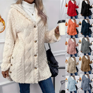 2024 Amazon Europe and America Cross-border Women's Solid Color Single-breasted Plush Hooded Sweater Fashion Diamond Cardigan Jacket