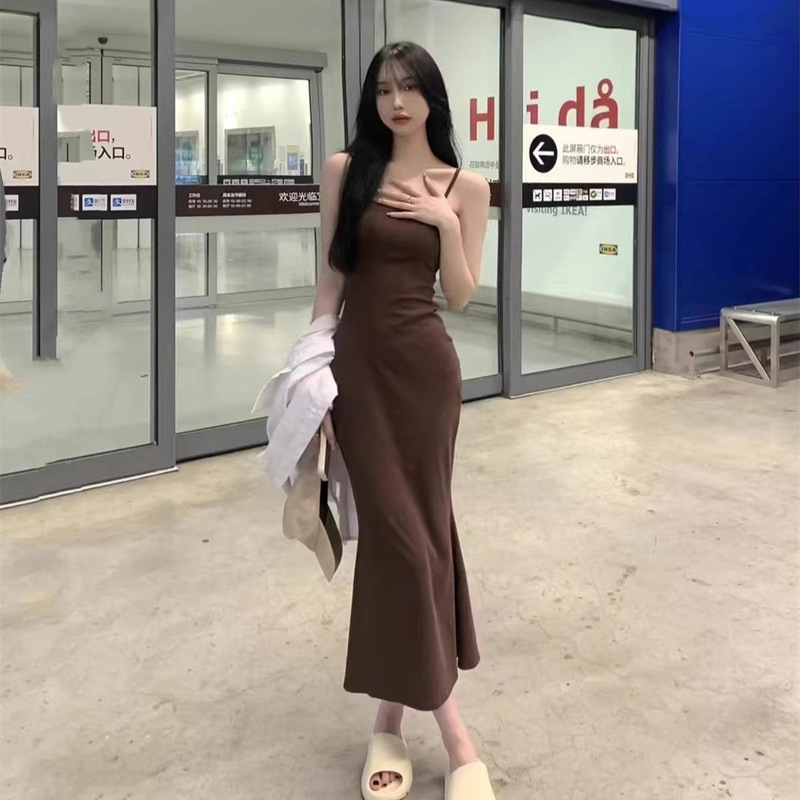 Cross-Border Sweet and Spicy Girl Style Sleeveless Waist-Cinching Short-Sleeve Backless Strap Dress for Women, Summer Pure Desire Temperament Fishtail Bodycon Dress