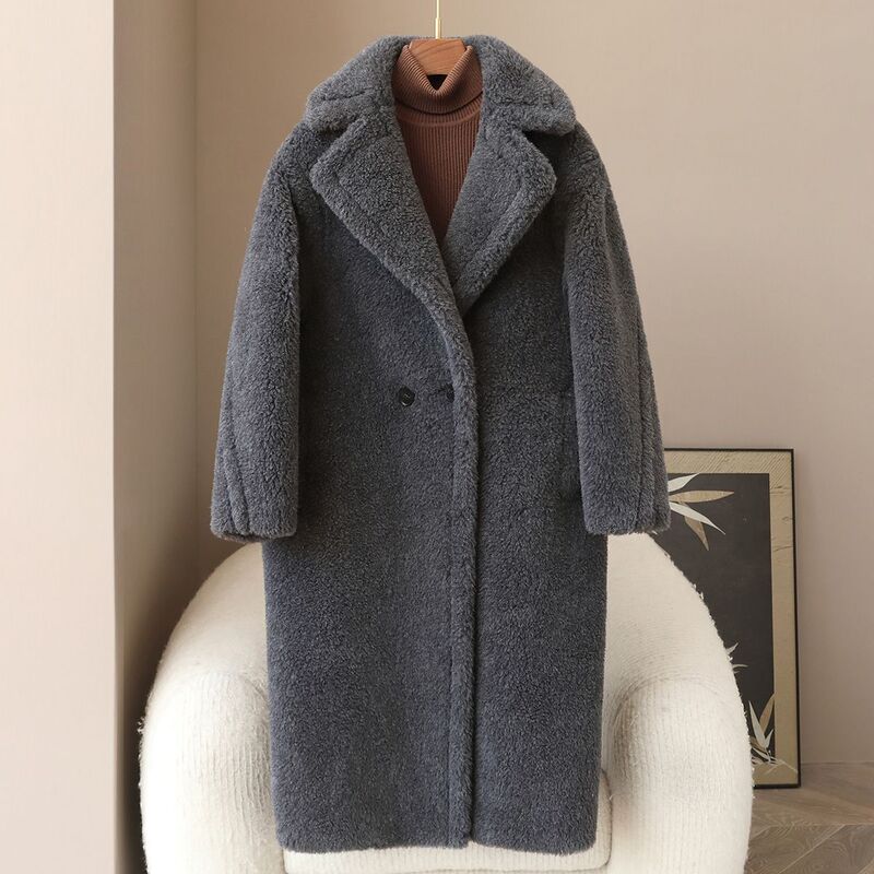 Small Quantity of Clothing 2026 Spring Haining New Style 100% Wool Granular Fur Casual Long Suit Collar Coat for Women