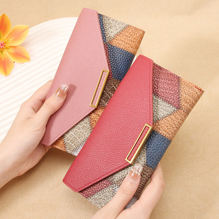 2025 New Korean-Style Trendy Long Fresh Multifunctional Buckle Japanese and Korean Retro Color-Blocking Thin Coin Purse for Women