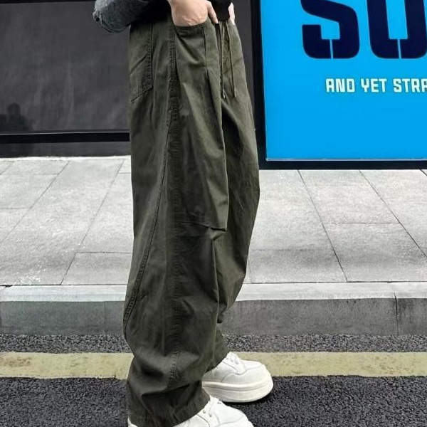 Autumn American Retro Spliced Young Diagonal Stretch Thickened High-Quality Men's Loose Straight Wide-Leg Paratrooper Cargo Pants
