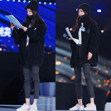 现货2024冬新款杨幂明星同款中长款黑色夹棉高级感羊羔毛外套女