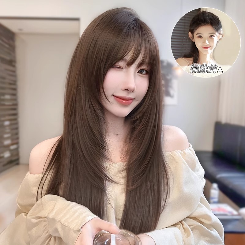 [Carta de otoño] Pelucas para mujer, cabello largo y liso, estilo de celebridad de Internet, peluca sobrenatural intensiva con casco completo