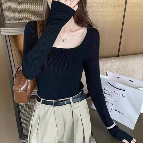 Base shirt women's 2024 early autumn new thin knit sweater short style slim-fit innerwear square collar long-sleeved top
