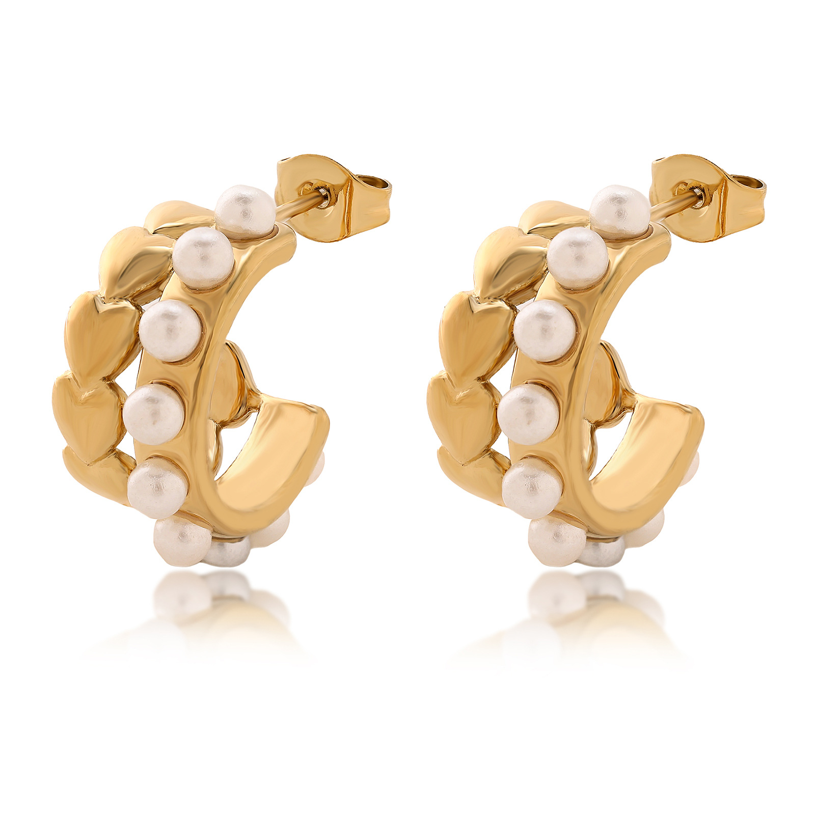 C Shape Pattern 1 Pair Lady Modern Style C Shape Inlay 304 Stainless Steel Imitation Pearl 18K Gold Plated Ear Studs