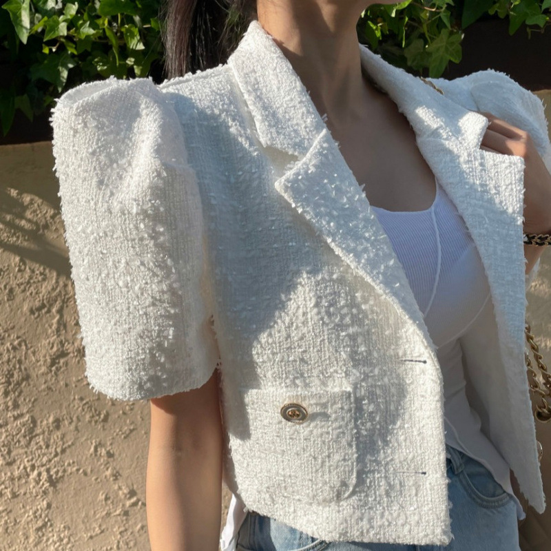 Korean Dongdaemun women's high-end fashion, Chanel-style puff sleeve tweed short jacket ~3 colors~
