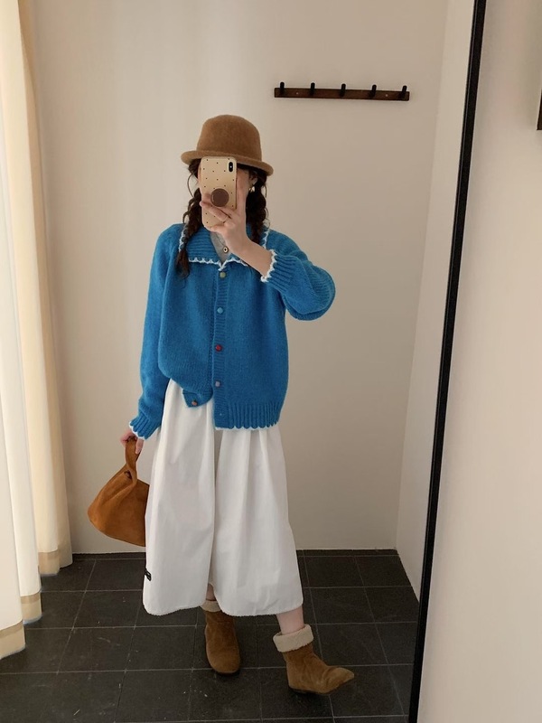 韩系拼色娃娃领彩扣针织开衫女2025秋冬新款宽松百搭软糯毛衣外套|undefined