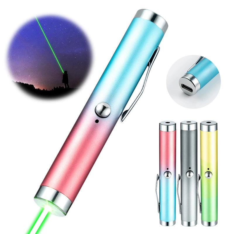Лазерный указатель с градиентным эффектом, перезаряжаемый через Type-C, из нержавеющей стали, для обучения и продаж, зеленый лазерный указатель