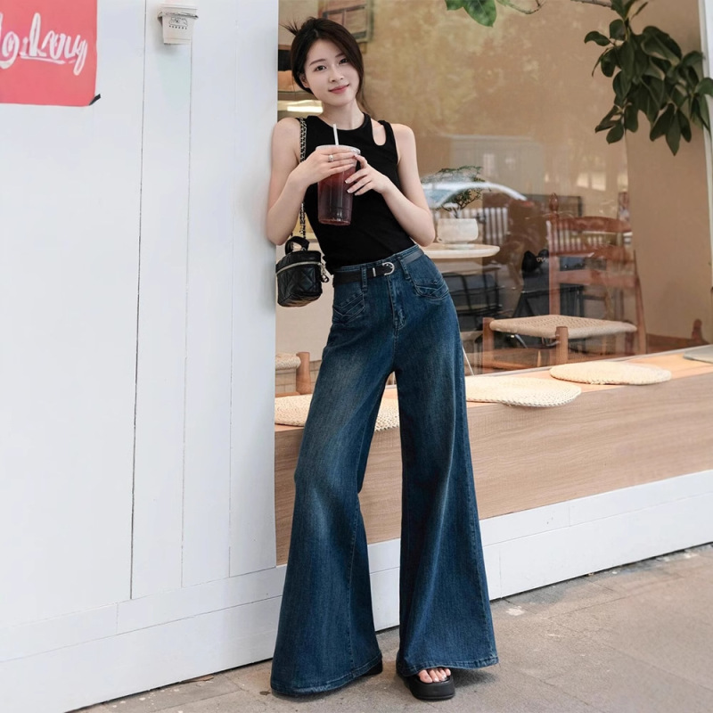 Hong Kong Style Retro Dark Blue Draped Flared Jeans for Women Summer Petite Loose Wide-Leg Floor-Length Pants Hong Kong Style Retro Dark Blue Draped Flared Jeans for Women Summer Petite Loose Wide-Leg Floor-Length Pants