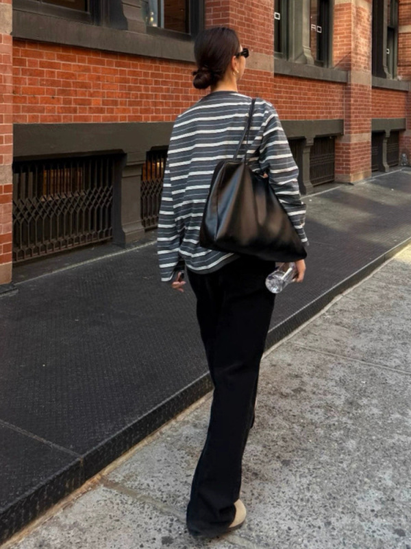 现H 八奶家条纹宽松长袖T恤女2025秋季圆领休闲上衣the barnn*t|undefined