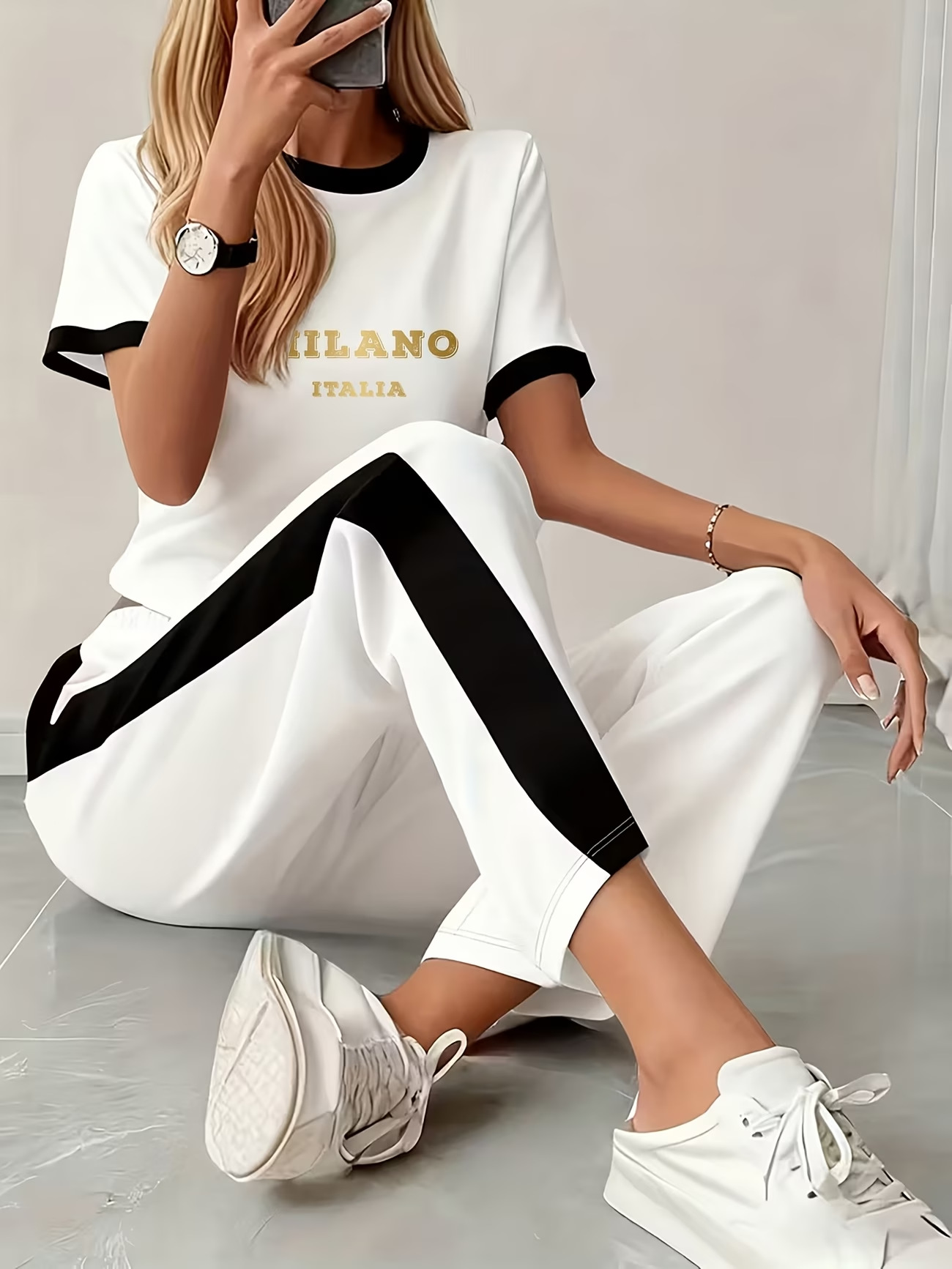 Women's Italian Style Commuter Short Sleeved Shirt And Shorts Set Loose Fit Gold Letter Print Two Piece Outfit_ecoleips.com