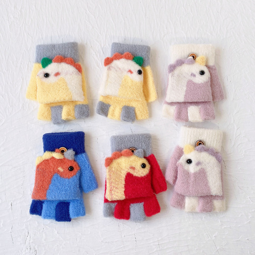Cartoon children's warm gloves winter cold prevention thickened baby writing half finger flip cover two-in-one kindergarten non-static