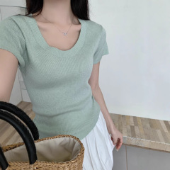 绢糸ウールUネックニットtシャツ女性半袖修身基礎モデル純色のニットシャツ夏12色