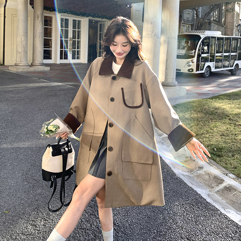 卡其色灯芯绒拼接风衣外套女2025秋季新款韩版宽松休闲中长款大衣|undefined