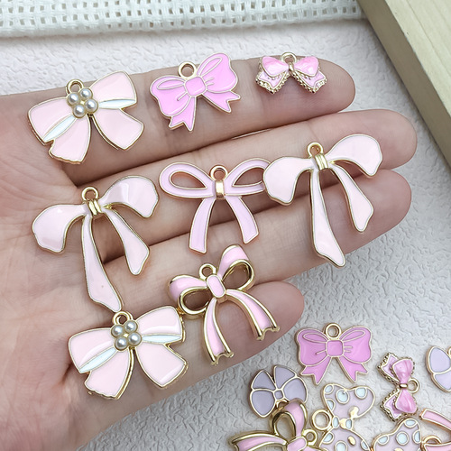 Pink Oil Alloy Butterfly Bow Tie Necklace DIY Accessories Pendant Earrings Keychain Hook Charm Sweet Necklace