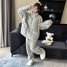 亲子款女童家居服套装冬季儿童女孩爱心法兰绒睡衣两件套母女装潮