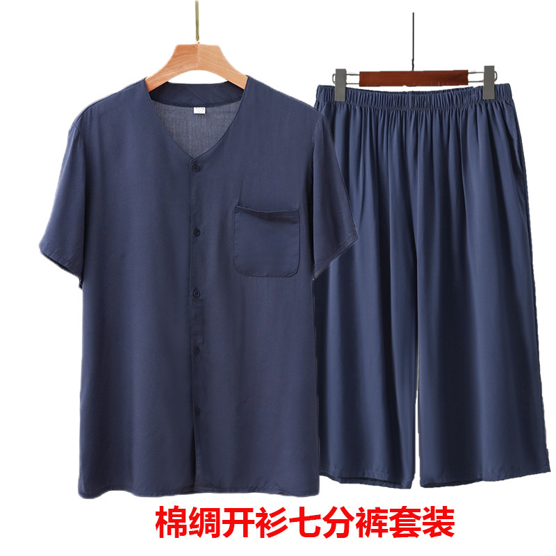 Cotton silk cardigan suit pajamas men's middle-aged and elderly summer thin short sleeve artificial cotton home wear cropped pants two-piece suit Cotton silk cardigan suit pajamas men's middle-aged and elderly summer thin short sleeve artificial cotton home wear cropped pants two-piece suit