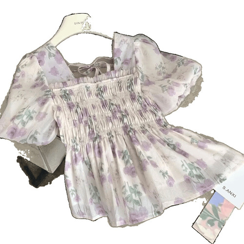 Floral chiffon blouse short sleeve women 2025 summer design sense niche waist French bubble sleeve top