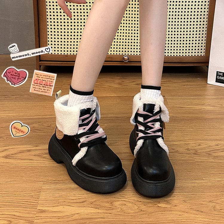 2023 New Academy Style Small Leather Shoes with Plush Martin Boots Thick Sole Thermal Insulation Big Head Ugly Cute Cotton Shoes_voghion.com
