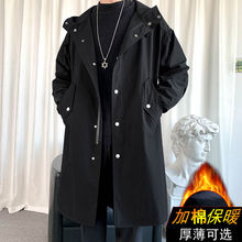 冬季加棉加厚连帽外套男中长款青年色风衣男潮男士休闲宽松