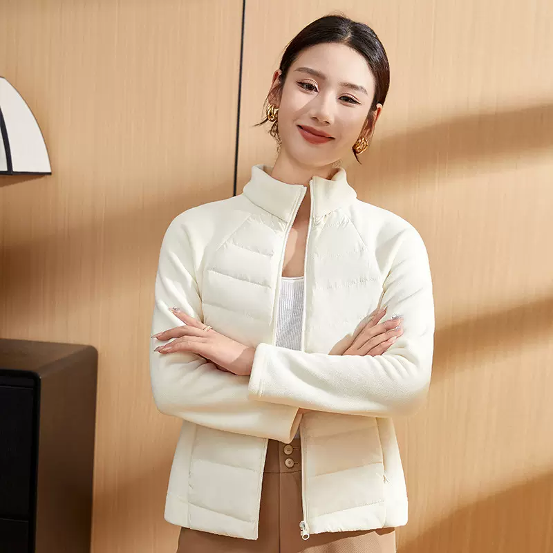 运动轻薄短款羽绒丝服女2024秋冬季针织拼接保暖立领健身服外套百