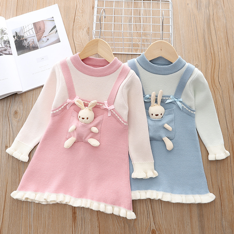 Coniglio cartone animato per bambina finto 2 pezzi di lana autunno inverno, abito da principessa lavorato a maglia elegante e carino per bambina_voghion.com