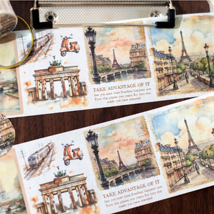 Embrace with the world and paper tape retro watercolor romantic ancient city island hand account backing background decorative stickers