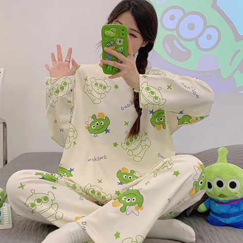 Women's cartoon thin casual round neck pajama set with long sleeves and pants, suitable for cross-border spring and autumn seasons, can be worn outside.