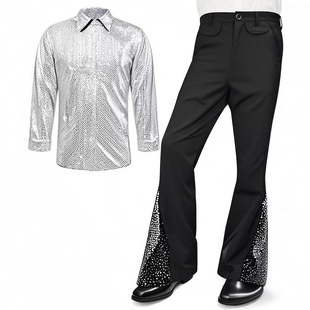 2025 Amazon Men's 70S Disco Costume Sequined Flared Pants Trousers Bronzing Sequined Shirt