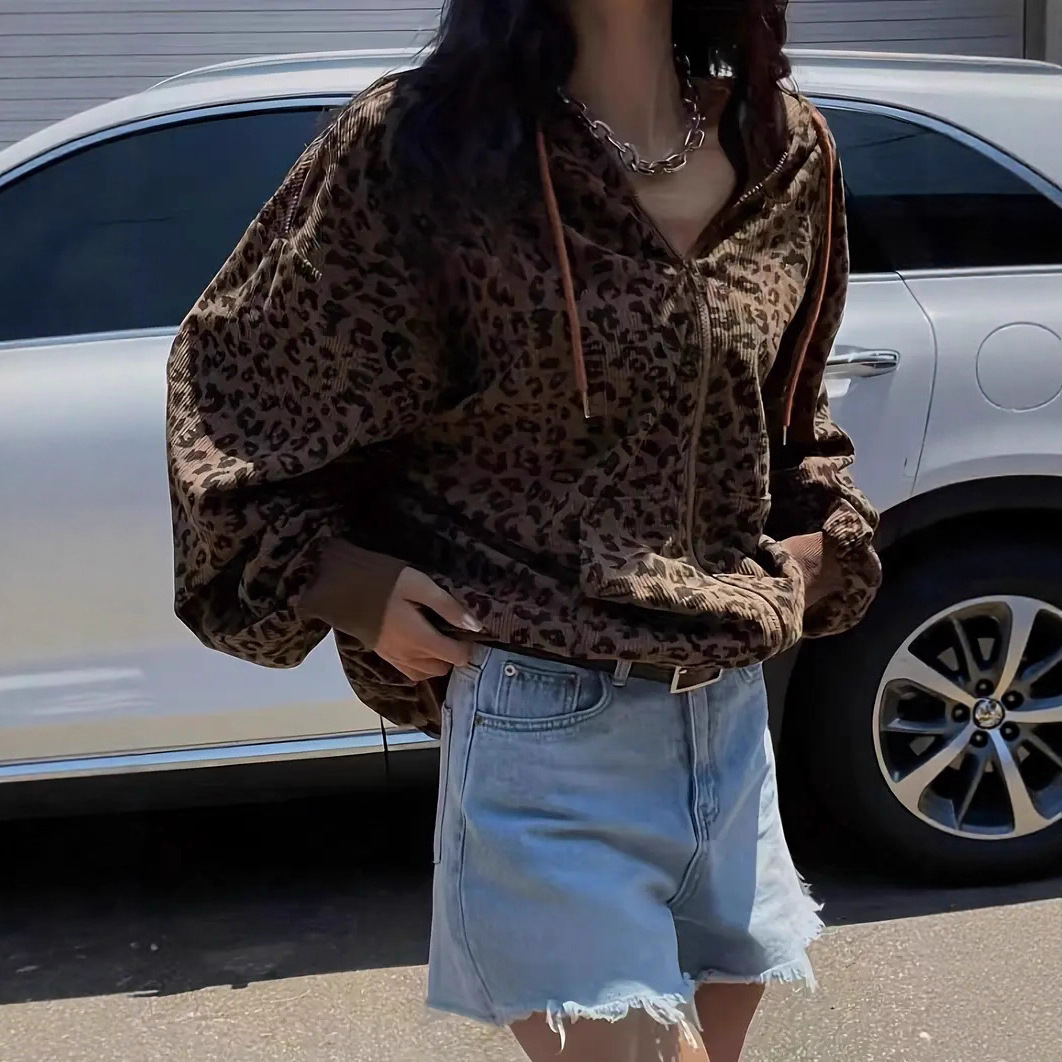 Women's Retro Leopard Print Hooded Cardigan - Oversized Streetwear Zip-Up Jacket With Long Sleeves, Casual Loose Fit, Polyester-Spandex Blend_voghion.com