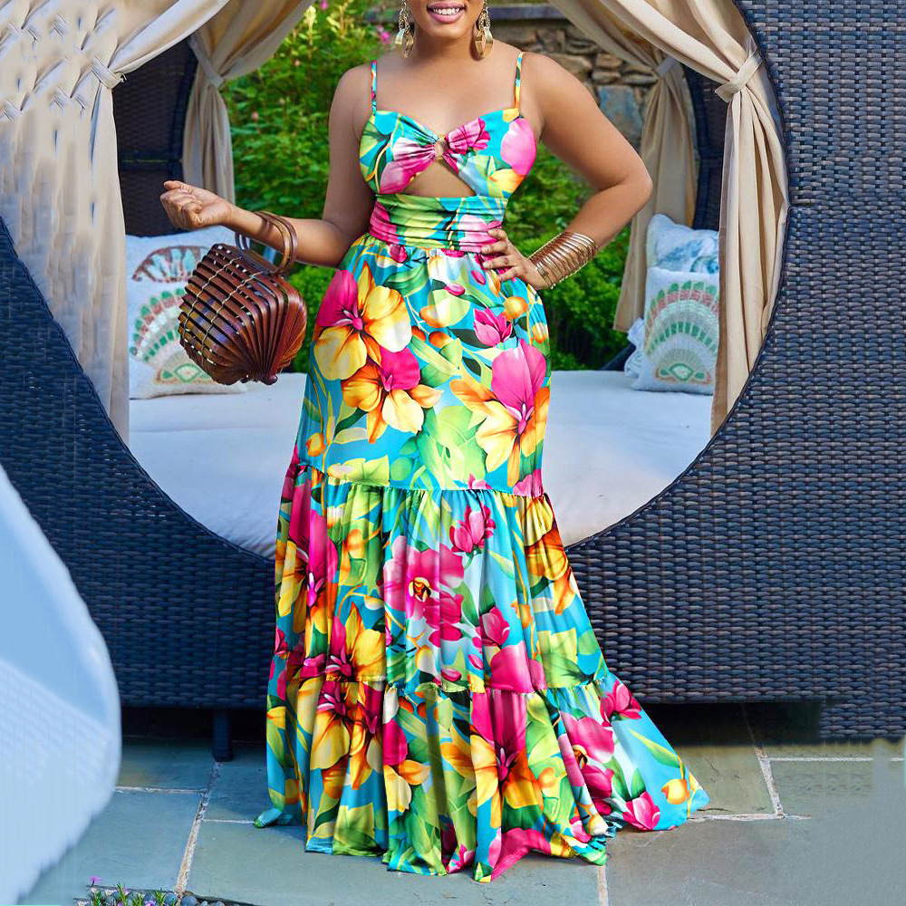 420g Weight Maxi Long Dress Dress Length Type Wholesale Women'S Tropical Printing Painted Flower Flower Holiday Collarless Sleeveless Strap Dress