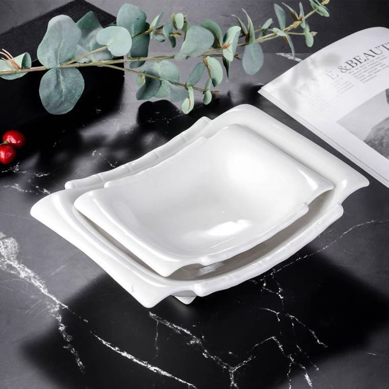 Hotel Household Tableware Dish Plate Ceramic Plate Creative Soup Plate Special-Shaped Cold Dish Salad Bamboo Plate Commercial