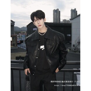 Maillard Leather Short Shoulder Pad Leather Large Lapel Biker Jacket Men's Fashionable Ruffian Handsome High-end Slim-fit Jacket