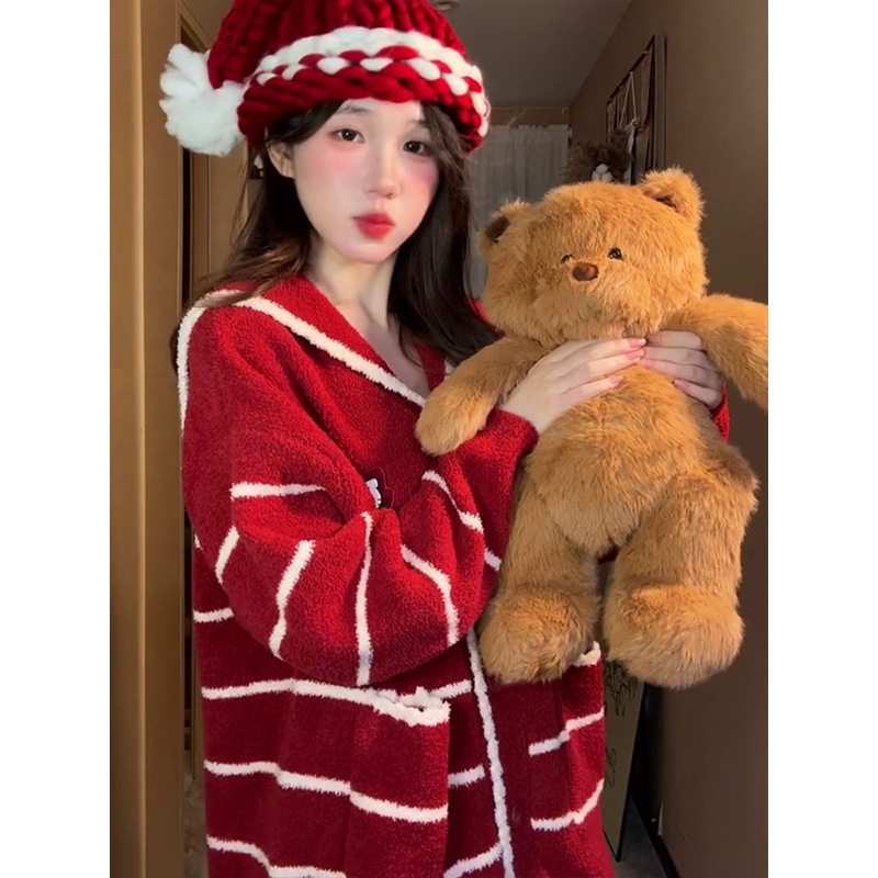 甜美可爱Kitty印花少女半边绒睡衣女秋季新款家居服加厚保暖套装|undefined