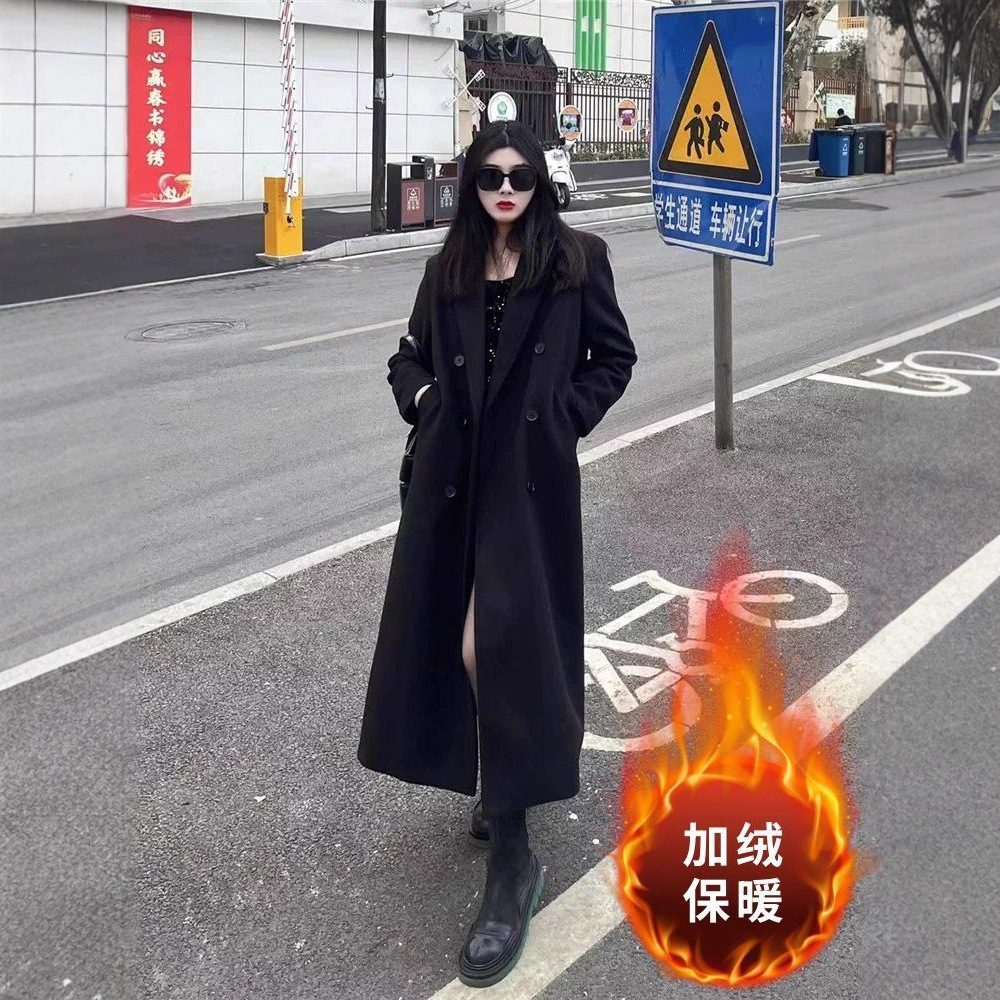加绒加厚毛呢外套女中长款2025新款爆款秋冬高级感赫本风西装大衣